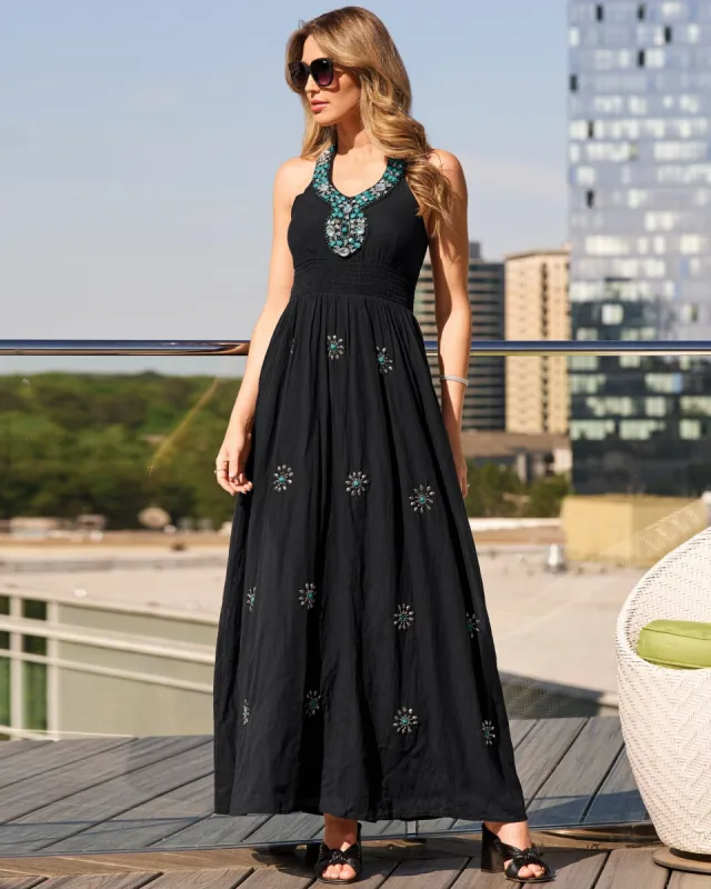 Turquoise Embellished Halter Maxi Dress Black sold by Boston Proper
