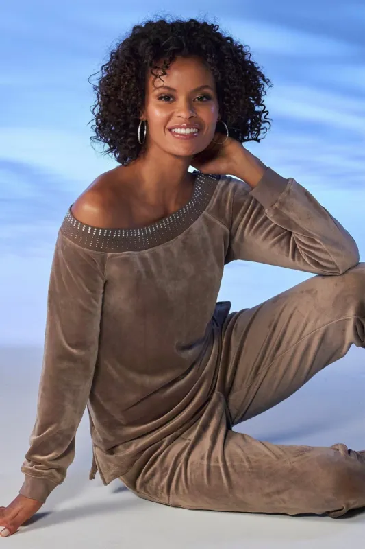 Slouchy Embellished Velour Top Taupe sold by Boston Proper
