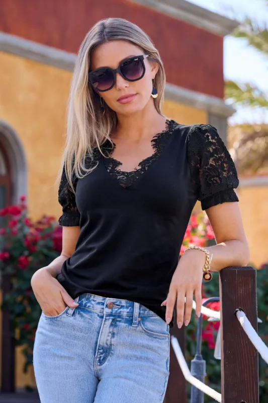 Lace Puff Sleeve V Neck Tee Black sold by Boston Proper