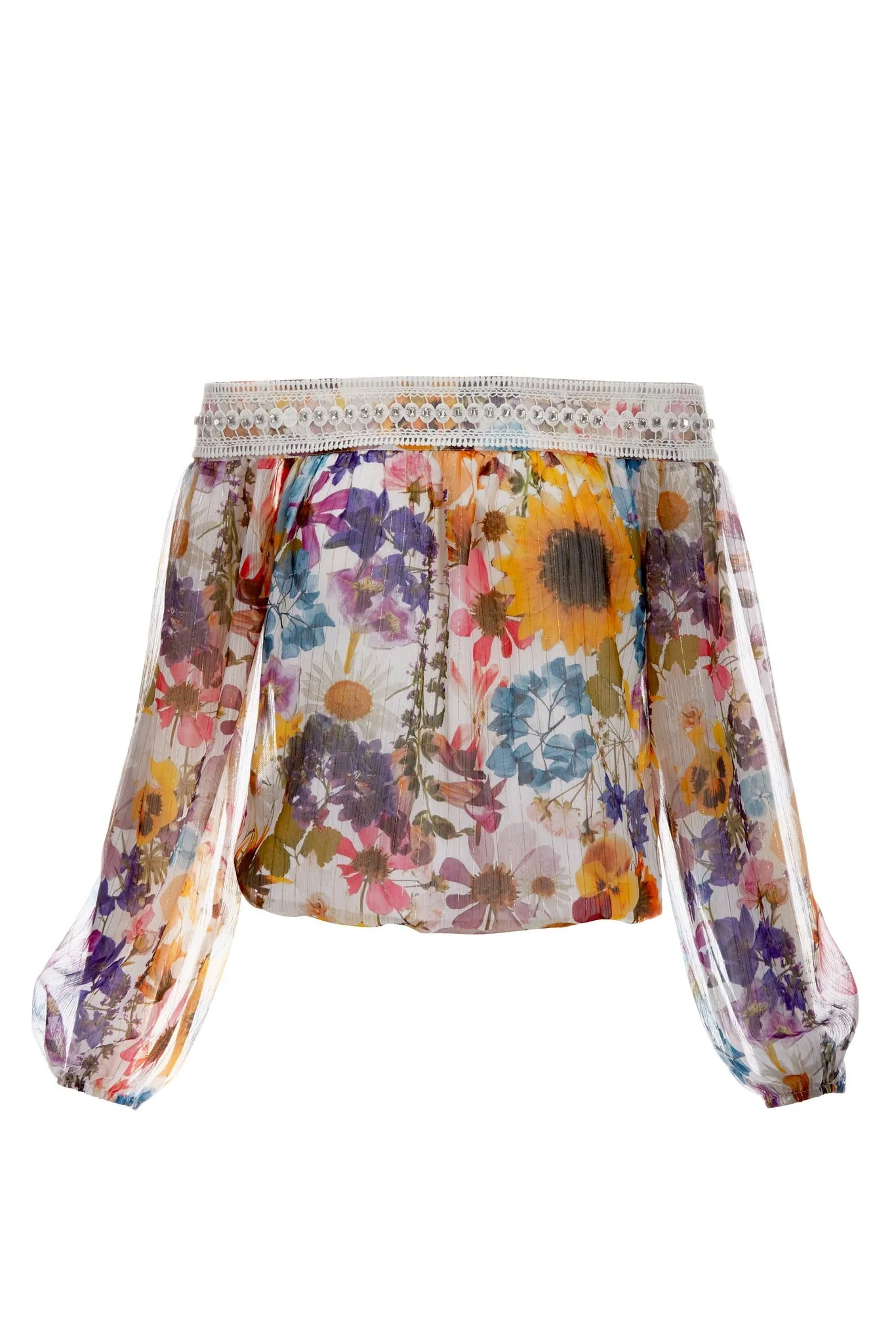 Embellished Floral Print Off The Shoulder Blouse White Multi sold by Boston Proper product image thumbnail 2