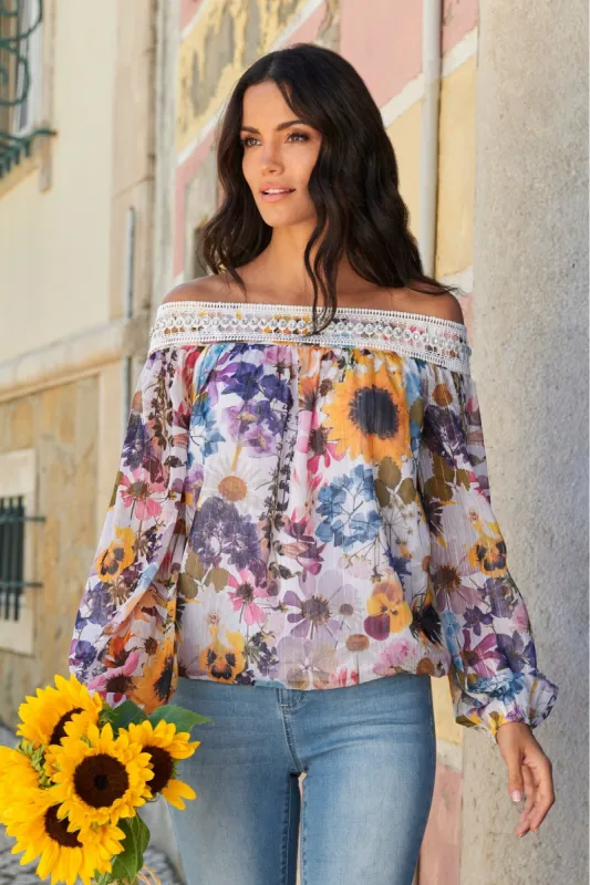 Embellished Floral Print Off The Shoulder Blouse White Multi sold by Boston Proper