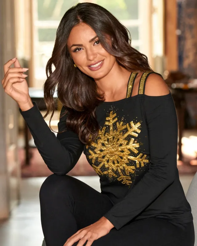 Sequin Snowflake Strappy Knit Top Black Multi sold by Boston Proper