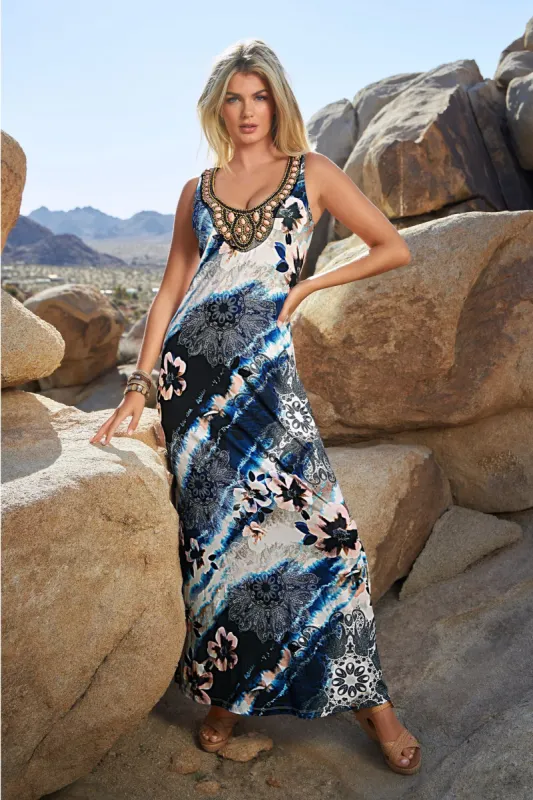 Embellished Mixed Paisley Floral Maxi Dress Multi sold by Boston Proper