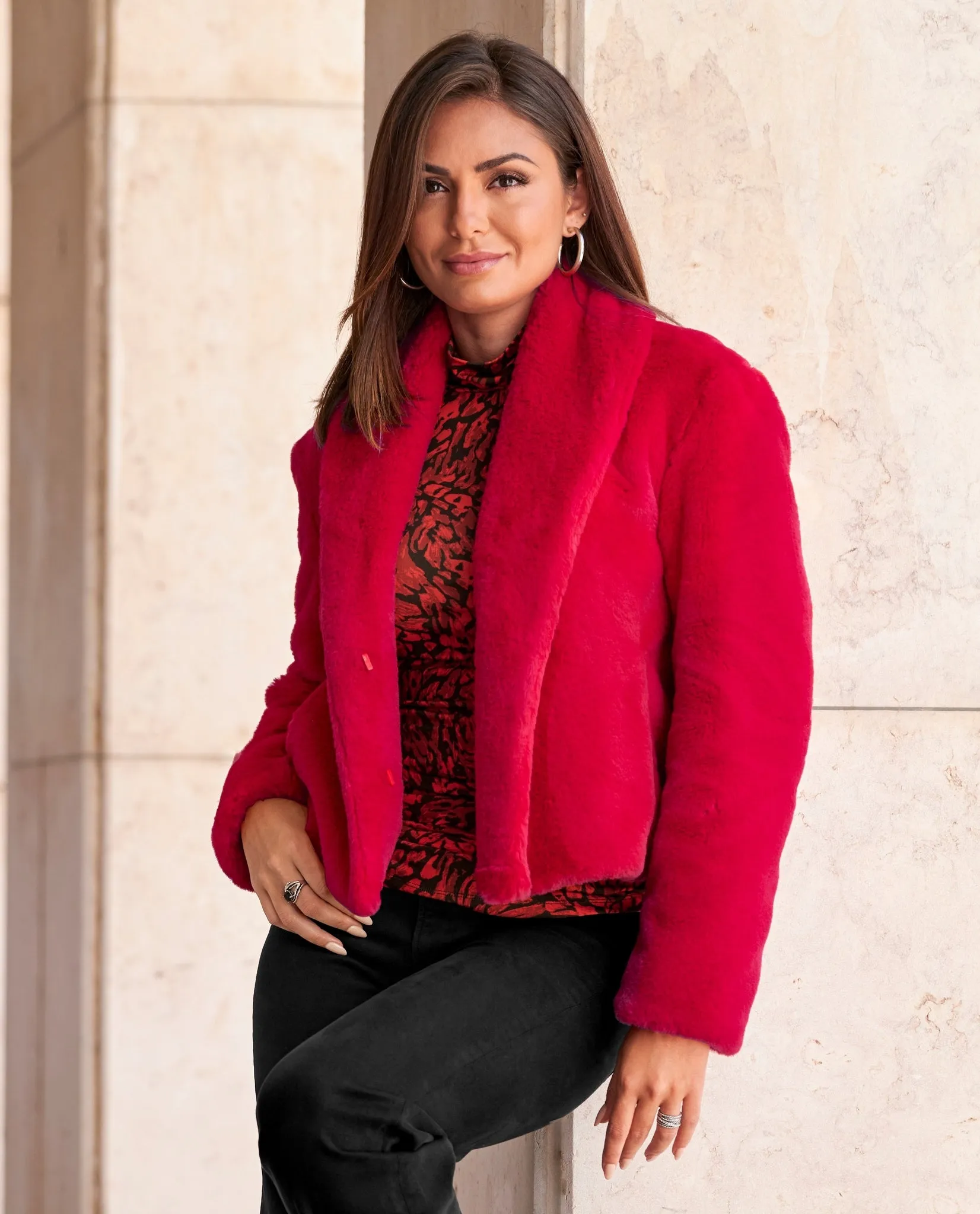 Shawl Collar Versatile Faux Fur Chubby Racing Red sold by Boston Proper