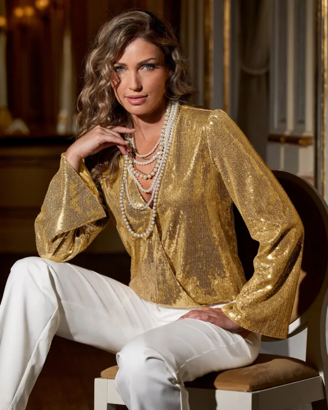 Sequin Flare Sleeve Surplice Blouse Gold sold by Boston Proper