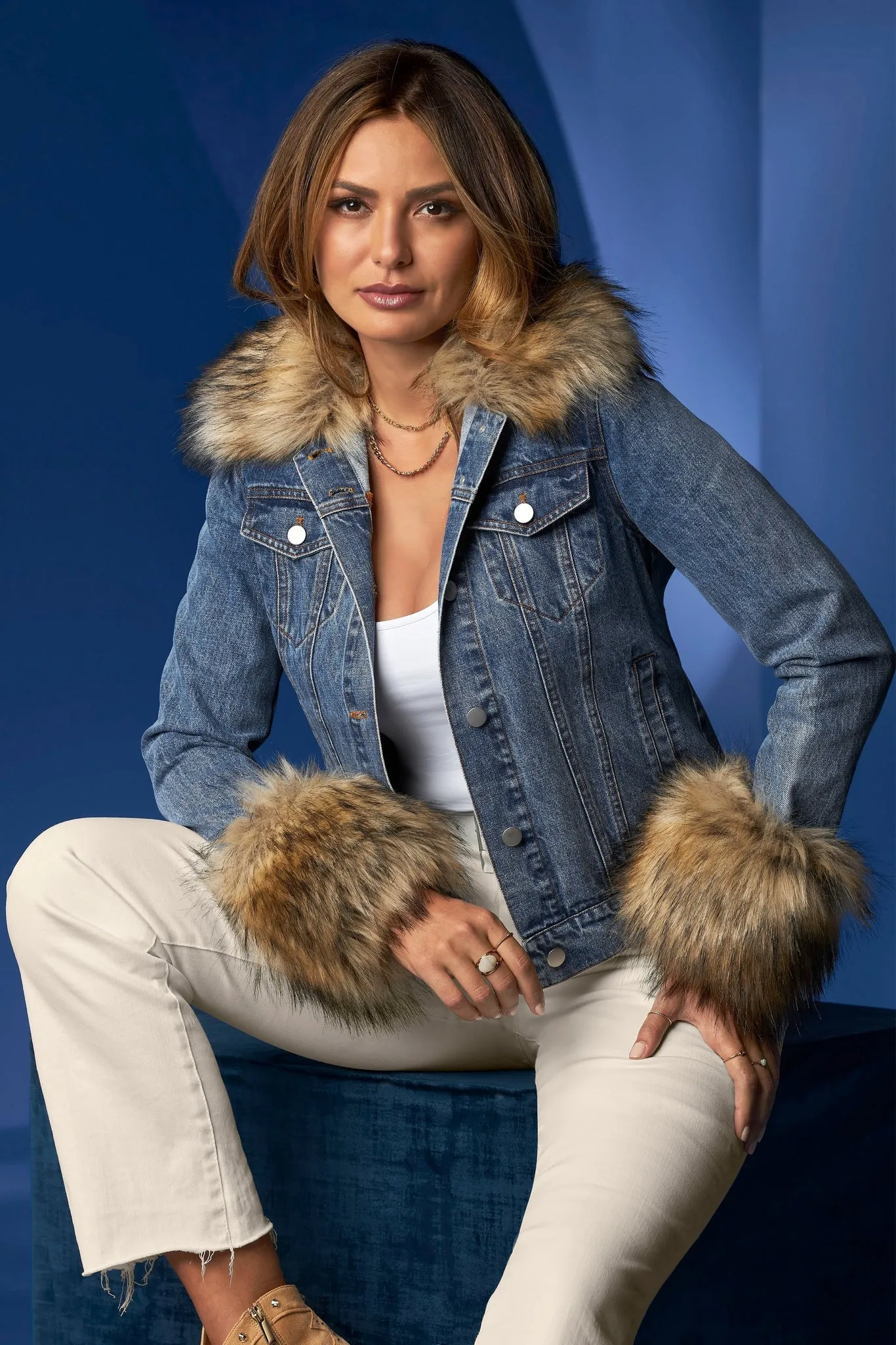 Removable Faux Fur Trim Denim Jacket Medium Wash sold by Boston Proper