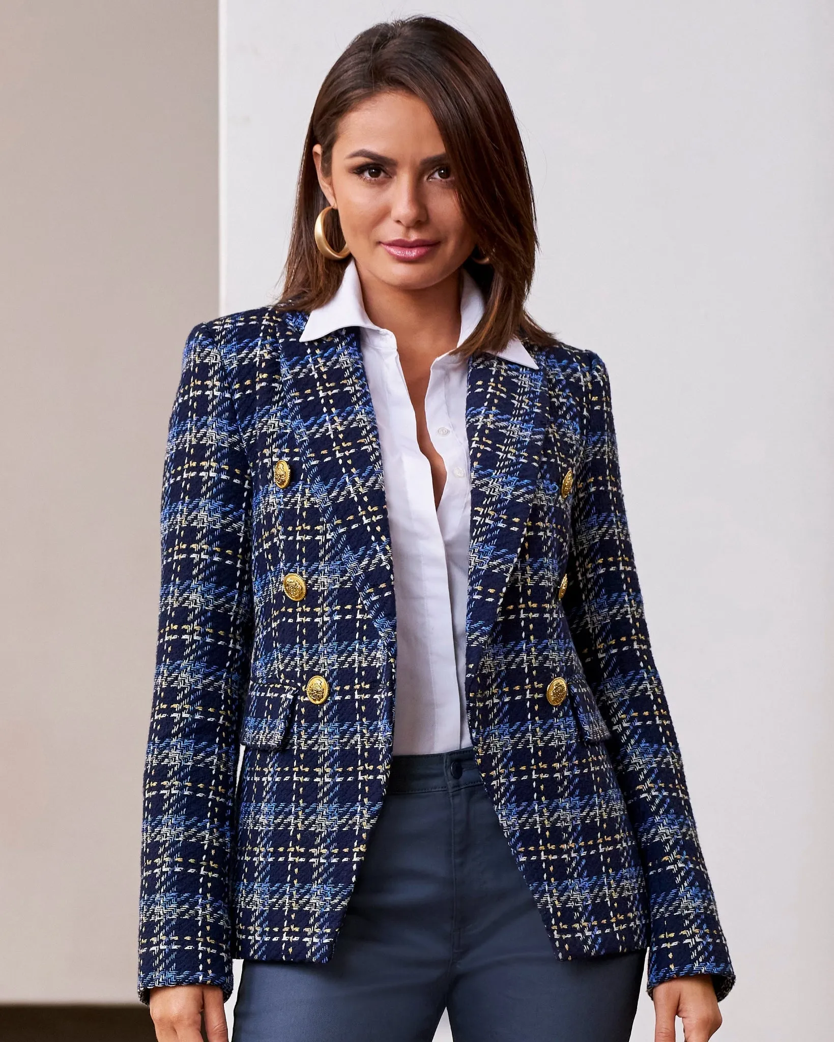 Plaid Tweed Double Breasted Blazer Blue Multi sold by Boston Proper