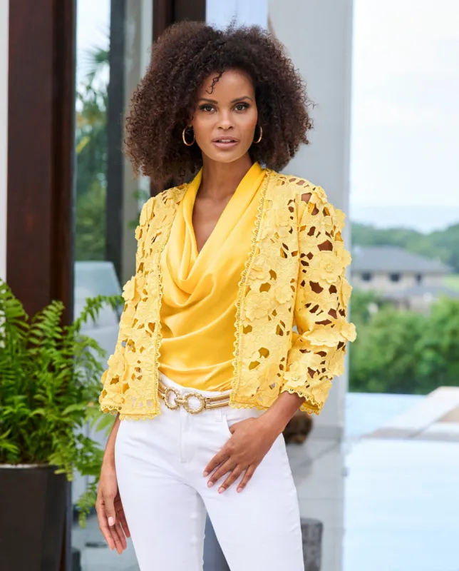 3D floral lace three-quarter sleeve jacket Lemon Drop sold by Boston Proper
