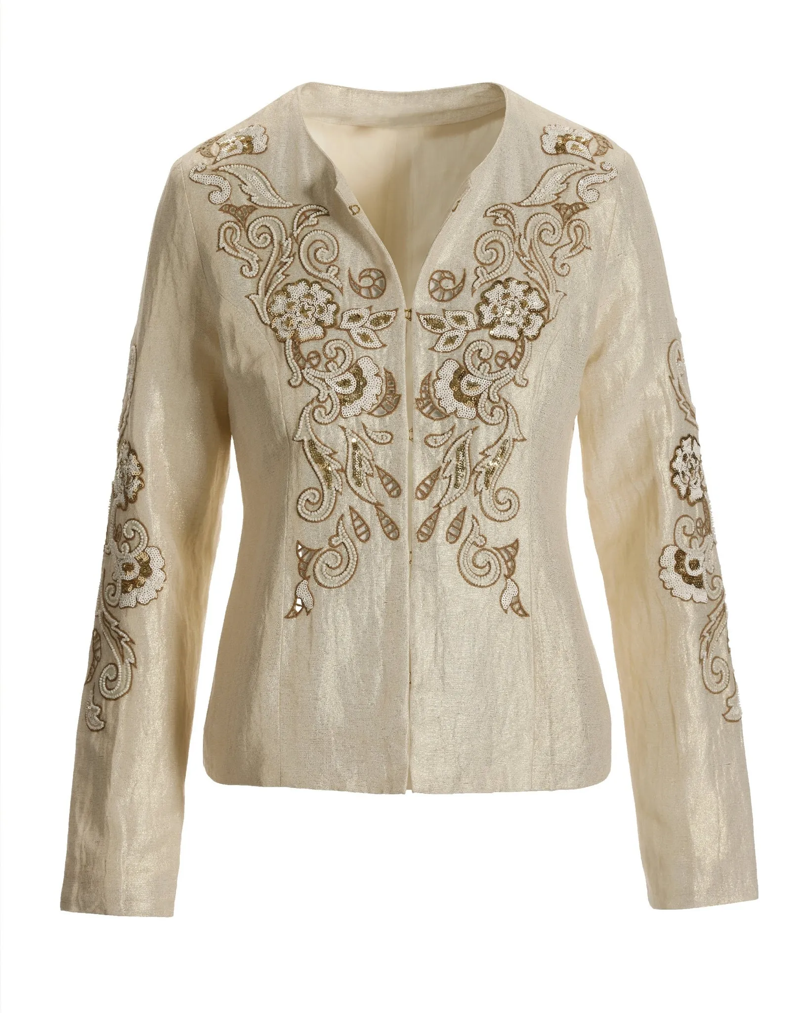 Embroidered and Beaded Shimmer Linen Jacket Tan sold by Boston Proper product image thumbnail 2
