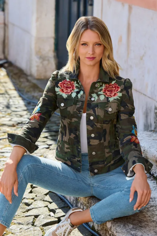 Embroidered Camo Print Denim Jacket Green Multi sold by Boston Proper