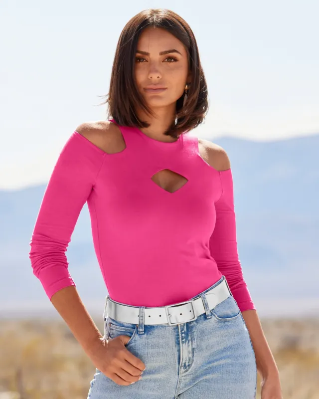 So Sexy Keyhole Cold Shoulder Knit Top Fuchsia Purple sold by Boston Proper