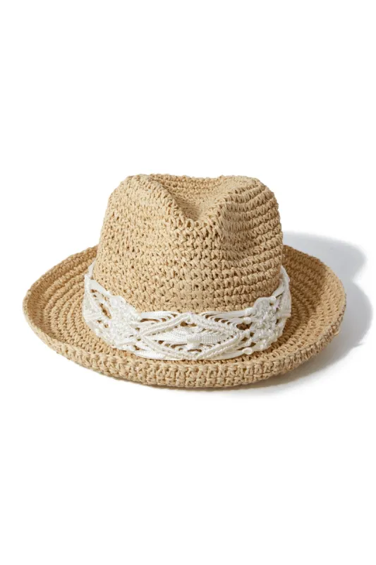 Crochet Trim Fedora Hat Natural sold by Boston Proper