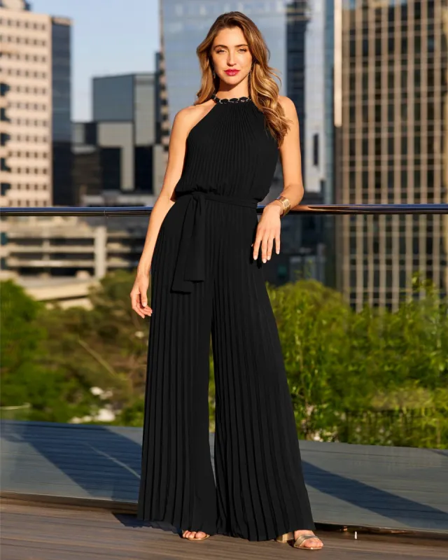 Chain Detail High Neck Pleated Jumpsuit Black sold by Boston Proper