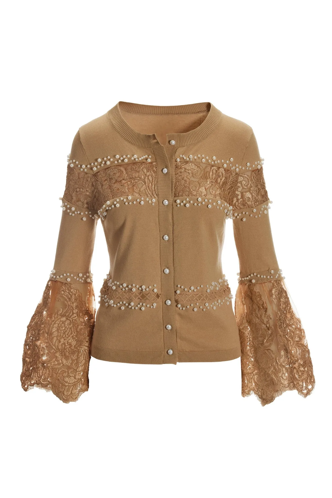 Pearl And Lace Embellished Cardigan Camel sold by Boston Proper product image thumbnail 2