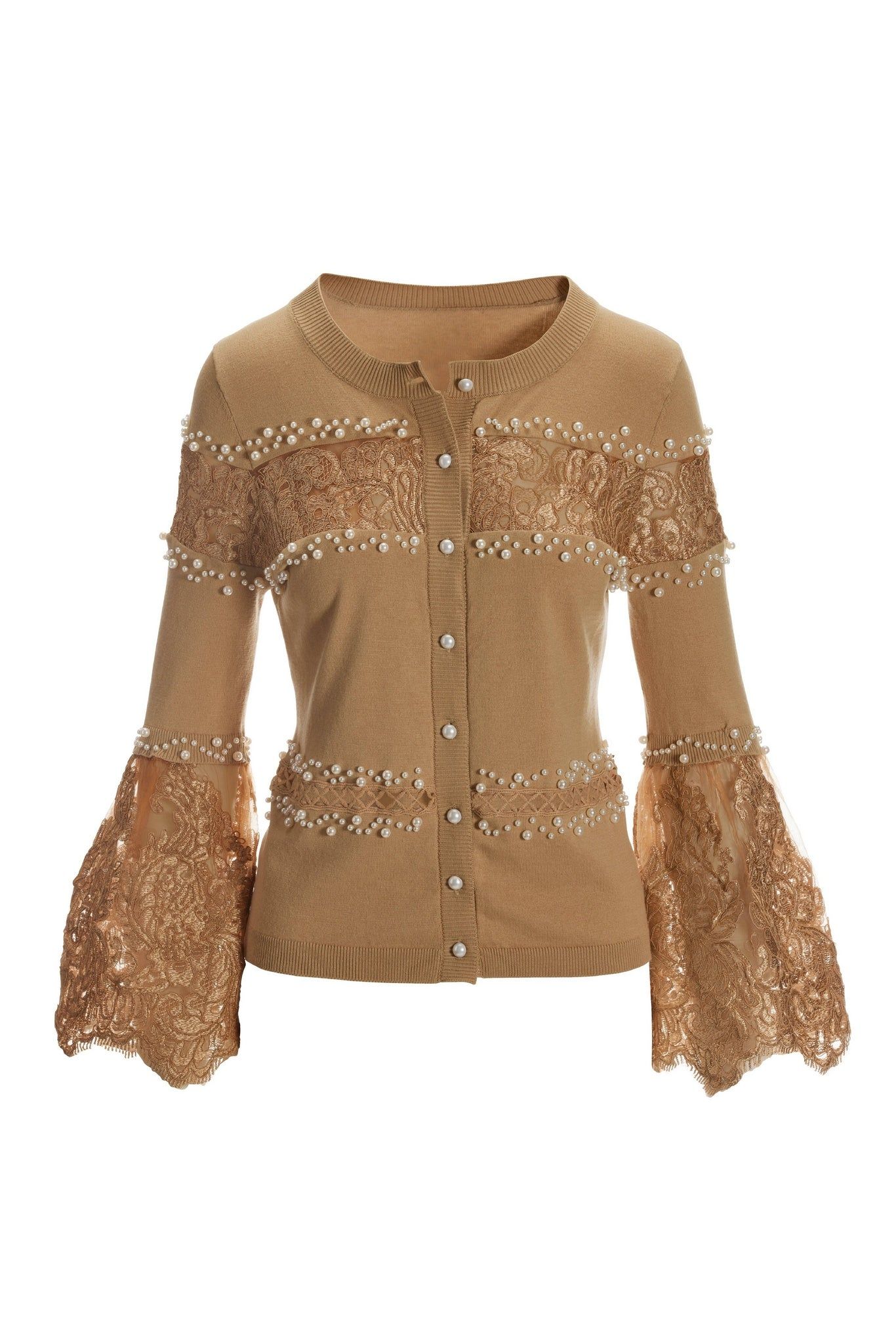 Pearl and lace EMBL Cardi Camel sold by Boston Proper product image thumbnail 2