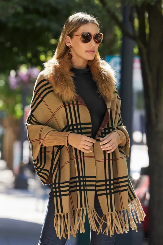Plaid Faux Fur Collar Poncho Tan Multi sold by Boston Proper