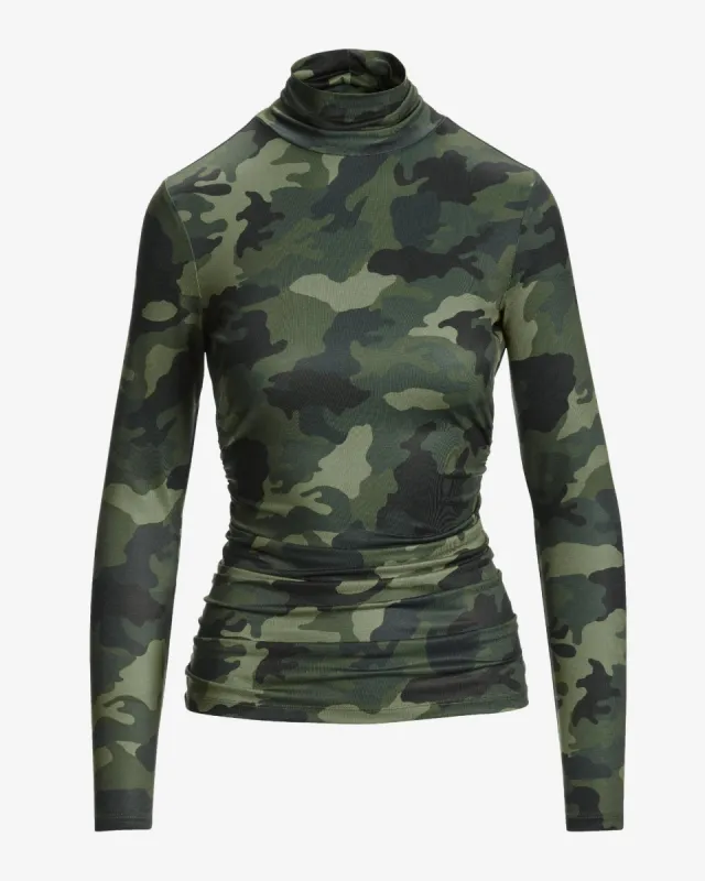 So Chic City Camo Printed Turtleneck Top Green/Black sold by Boston Proper