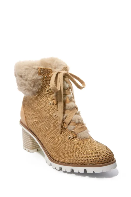 Faux-Fur Embellished Heeled Bootie Gold sold by Boston Proper