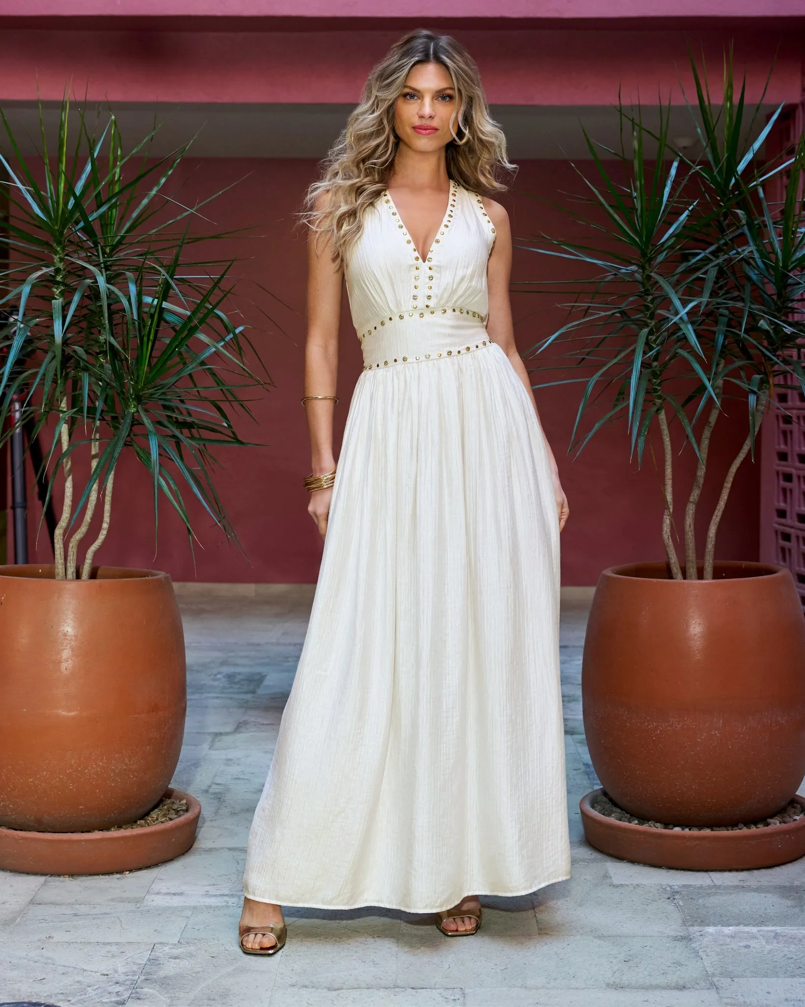 Crystal Grommet Trim Sheen Gauze Maxi Dress Off White sold by Boston Proper