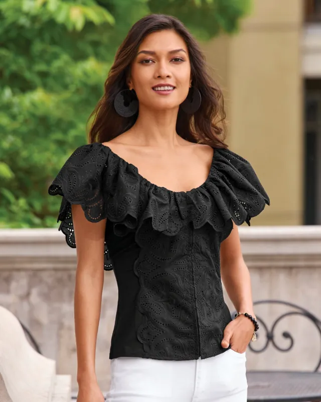 Eyelet Ruffle Zip-Up Top Black sold by Boston Proper