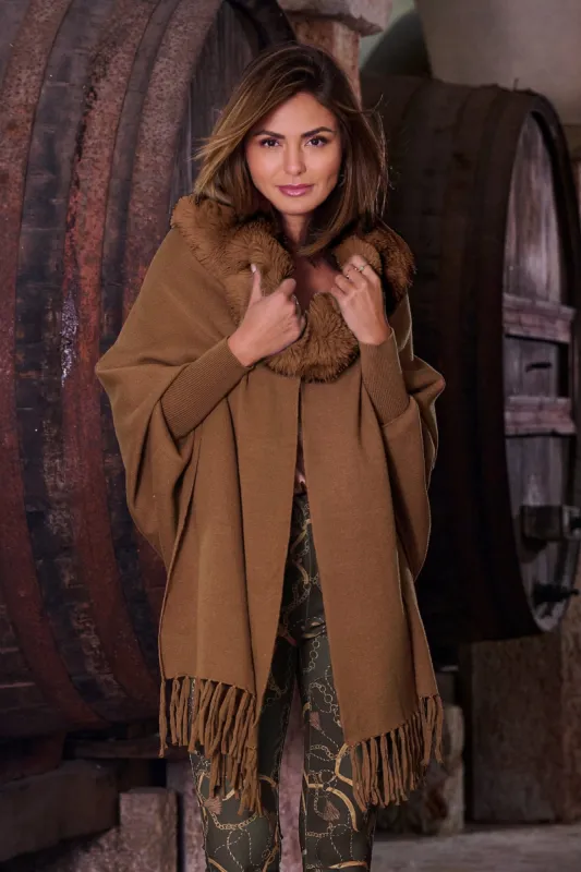 Faux Fur Collar Fringe Poncho Cognac sold by Boston Proper