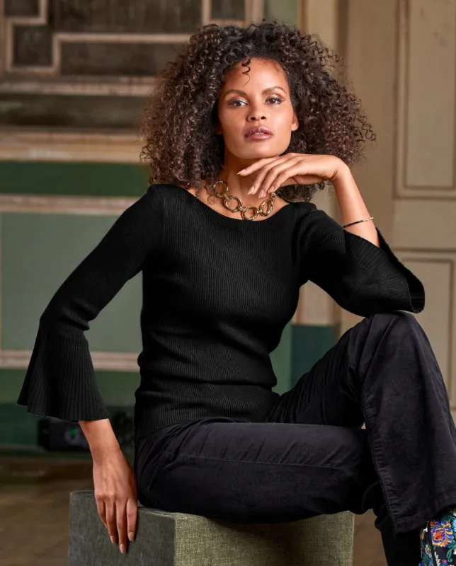 Ribbed Boatneck Flare Sleeve Sweater Black sold by Boston Proper