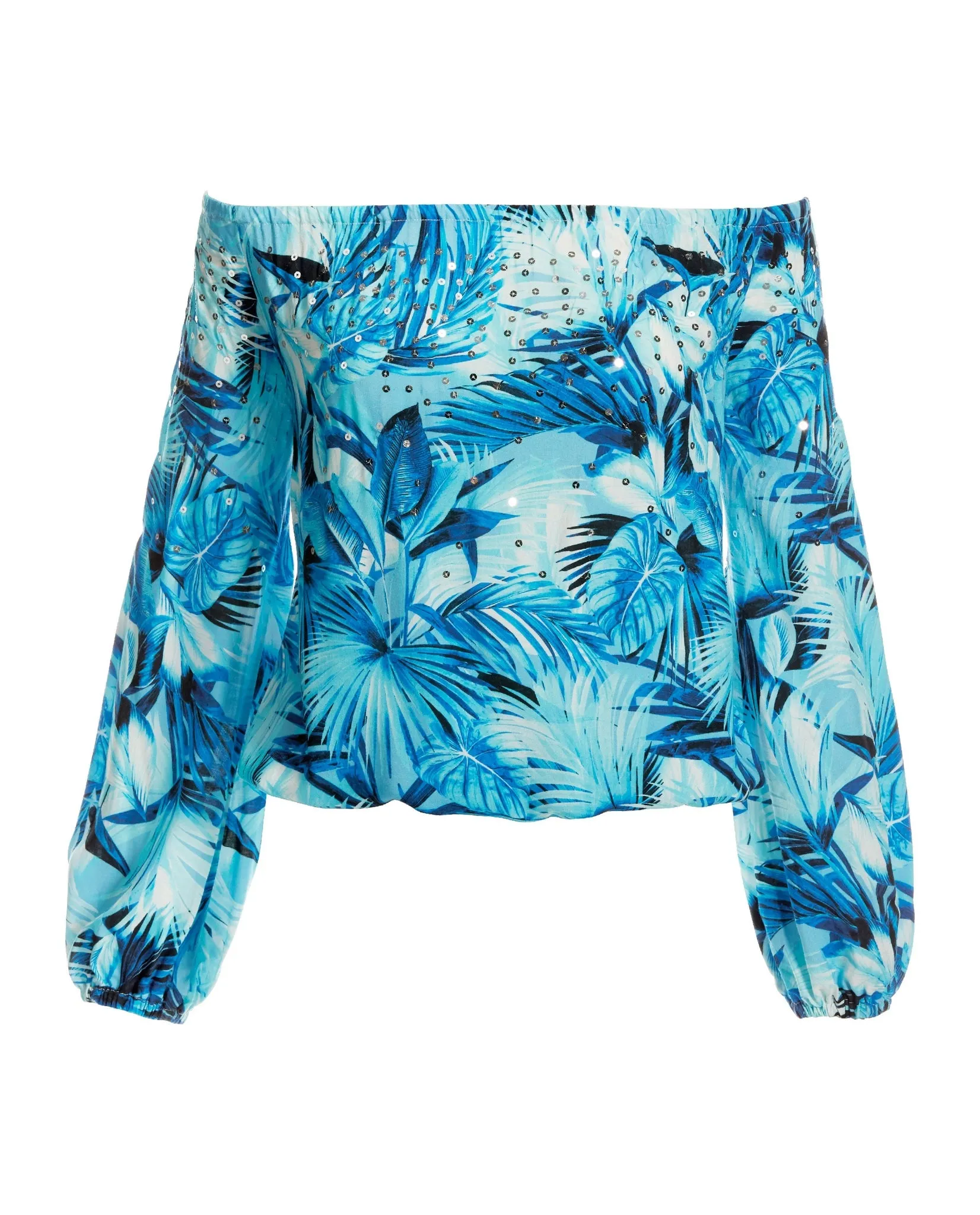 Tropics Palm Print Embellished Off The Shoulder Top Blue sold by Boston Proper product image thumbnail 2