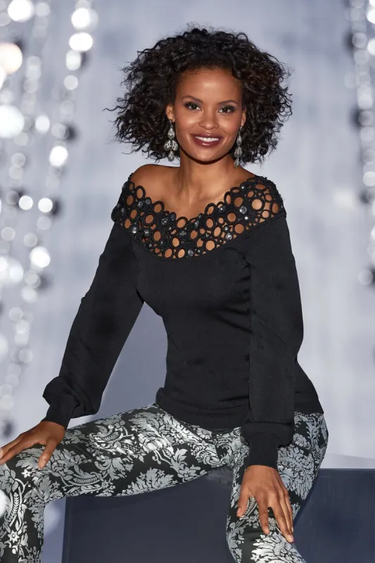 Embellished Off The Shoulder Sweater Black sold by Boston Proper