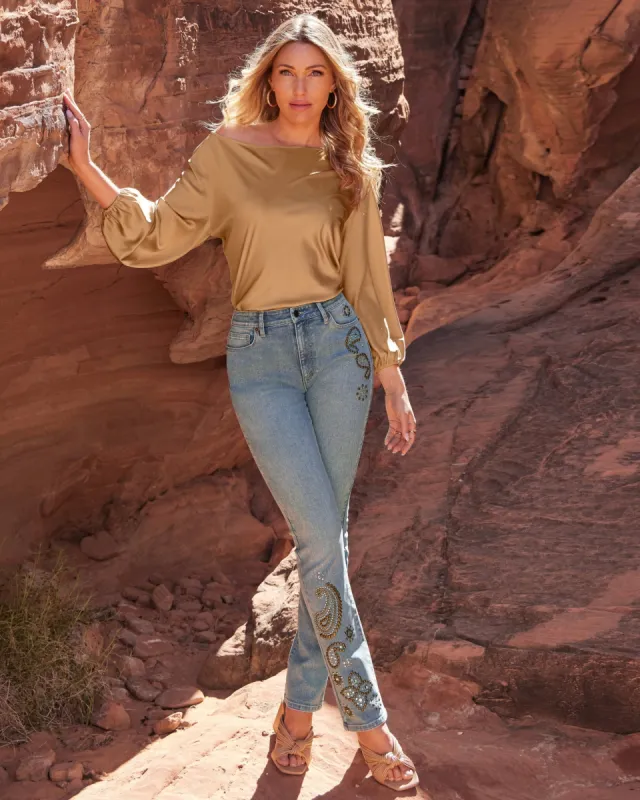 Newport Embellished Stud Slim Straight Ankle Jean Light Med Wash sold by Boston Proper