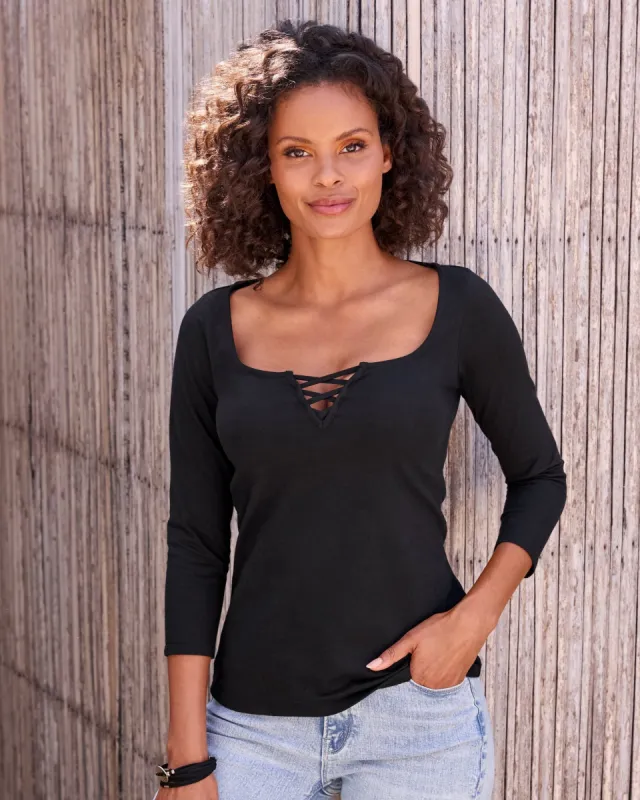So Sexy Lace Up Knit Top Black sold by Boston Proper