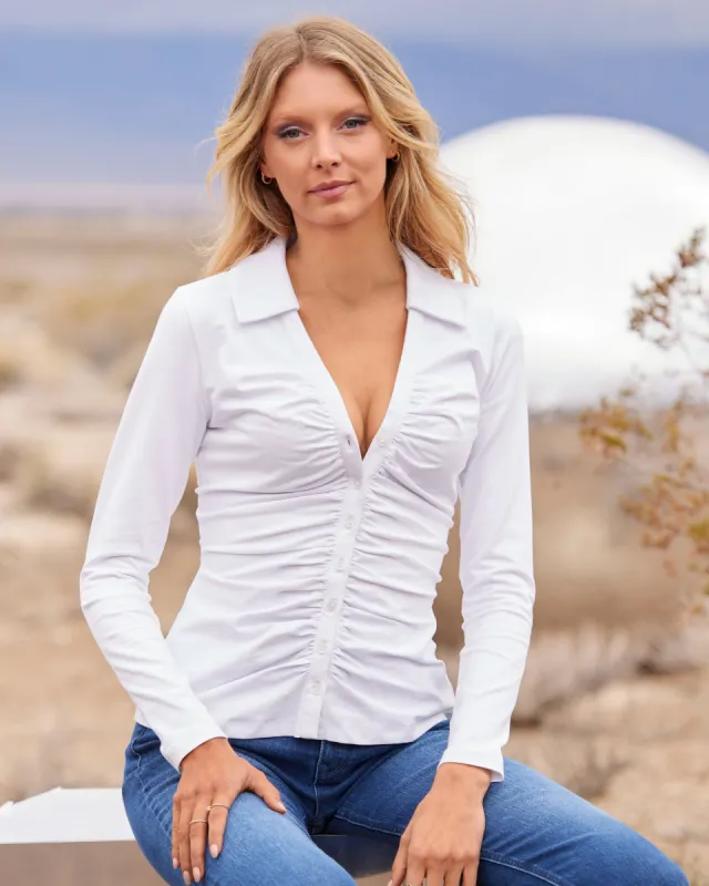 Collared Ruched Button Down Knit Top White sold by Boston Proper
