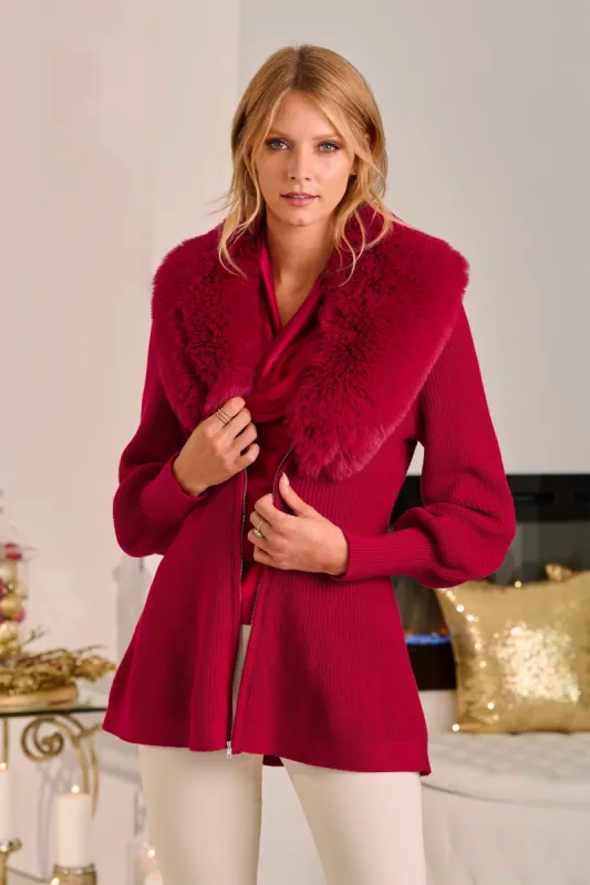 Faux Fur Balloon Sleeve A Line Zip Up Cardigan Jester Red sold by Boston Proper