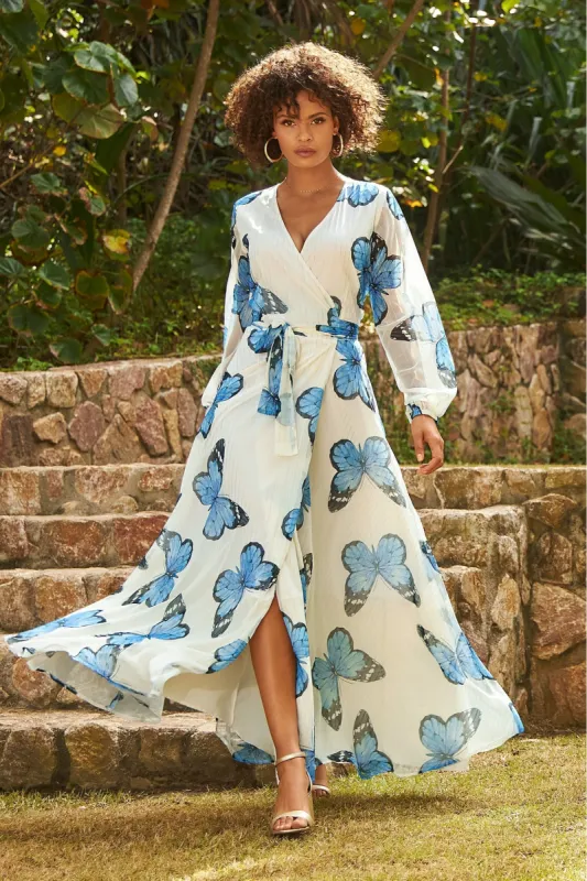 Butterfly Wings Wrap Maxi Dress Blue/White sold by Boston Proper