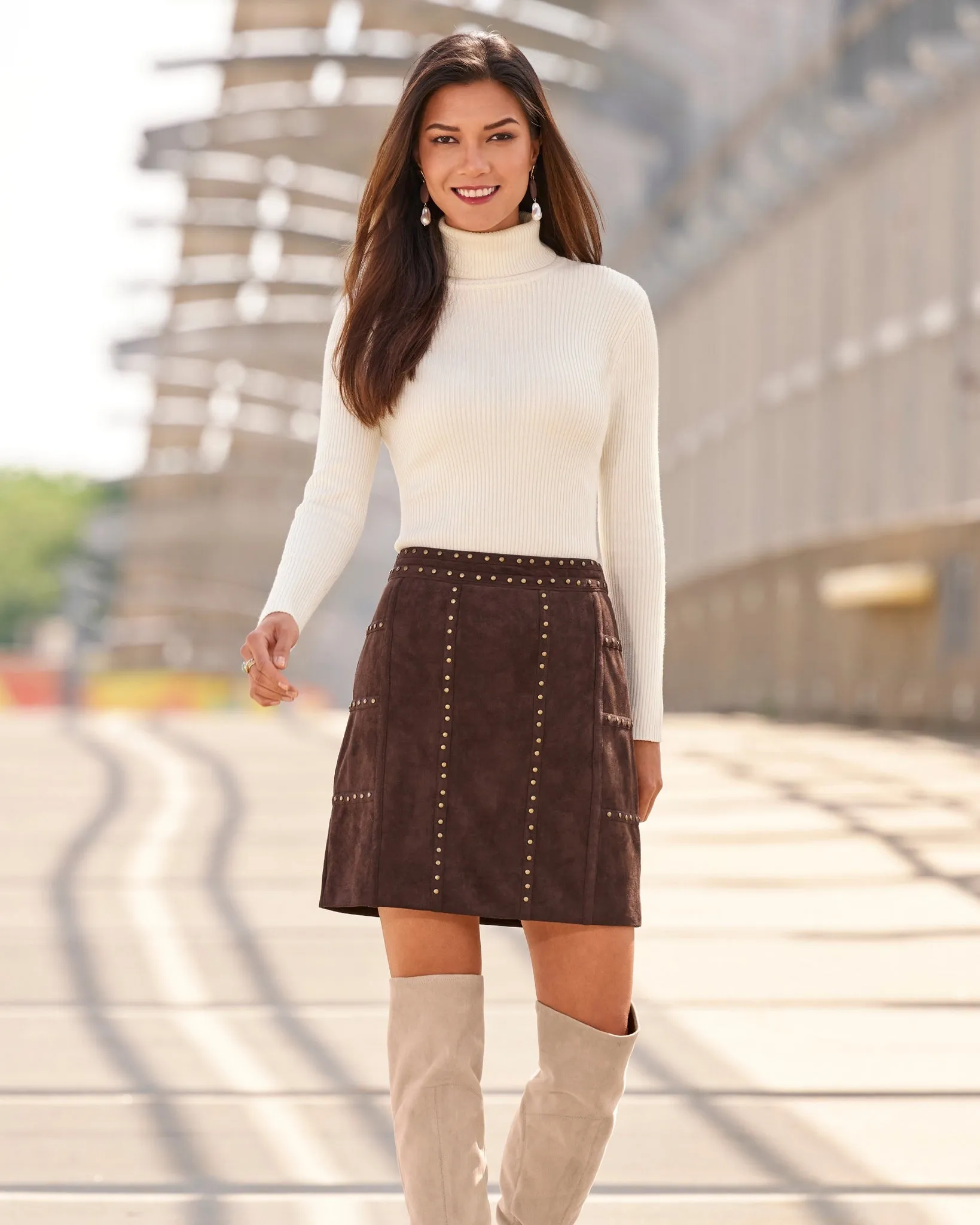 Faux Suede Studded Mini Skirt Brown/Brass sold by Boston Proper