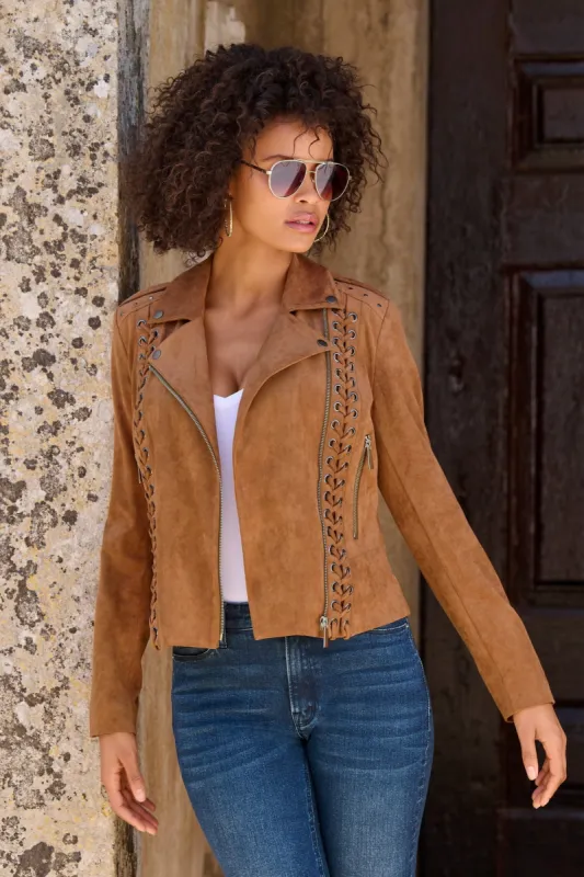 Faux Suede Lace Up Moto Jacket Cognac sold by Boston Proper