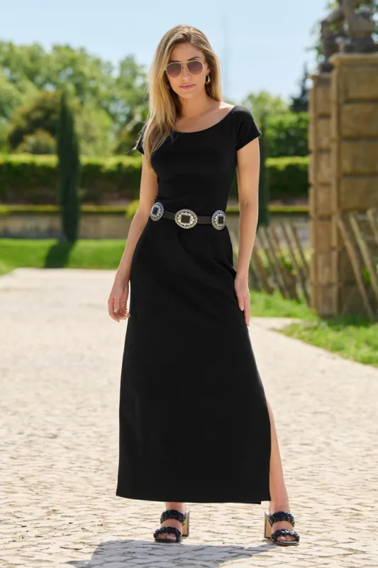 Off The Shoulder Short Sleeve Maxi Dress Black sold by Boston Proper