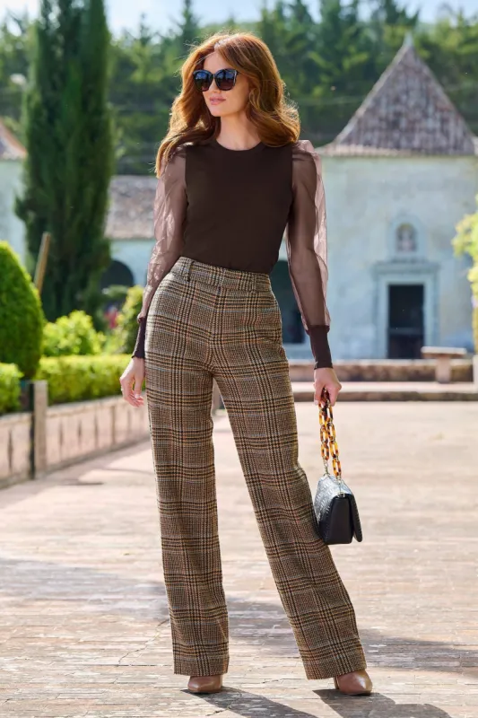 Plaid Modern High Waist Wide Leg Trouser Brown Multi sold by Boston Proper