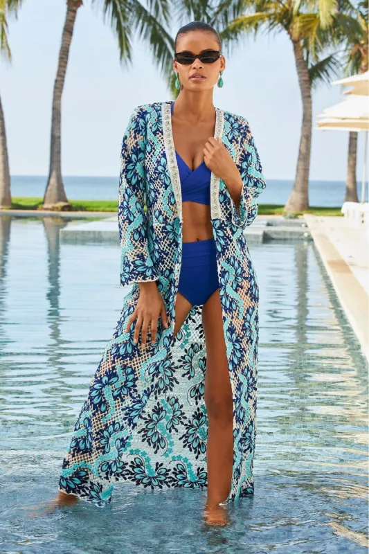 Two Tone Lace Embellished Duster Blue Multi sold by Boston Proper