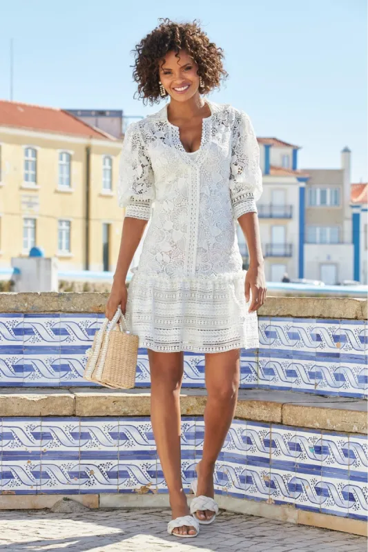 Lace Ruffle Flounce Dress White sold by Boston Proper