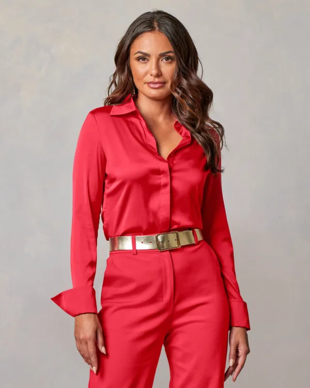 Sophia Button-Up Charmeuse Blouse Racing Red made by Boston Proper