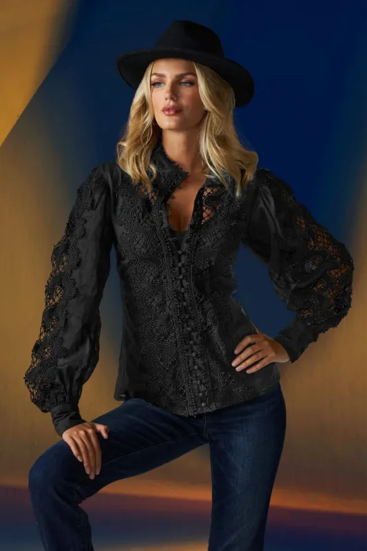 Lace Inset Drama Sleeve Shirt Black sold by Boston Proper