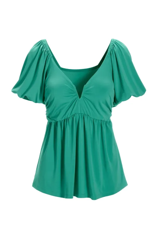 Puff-Sleeve Ruched Babydoll Top Green made by Boston Proper