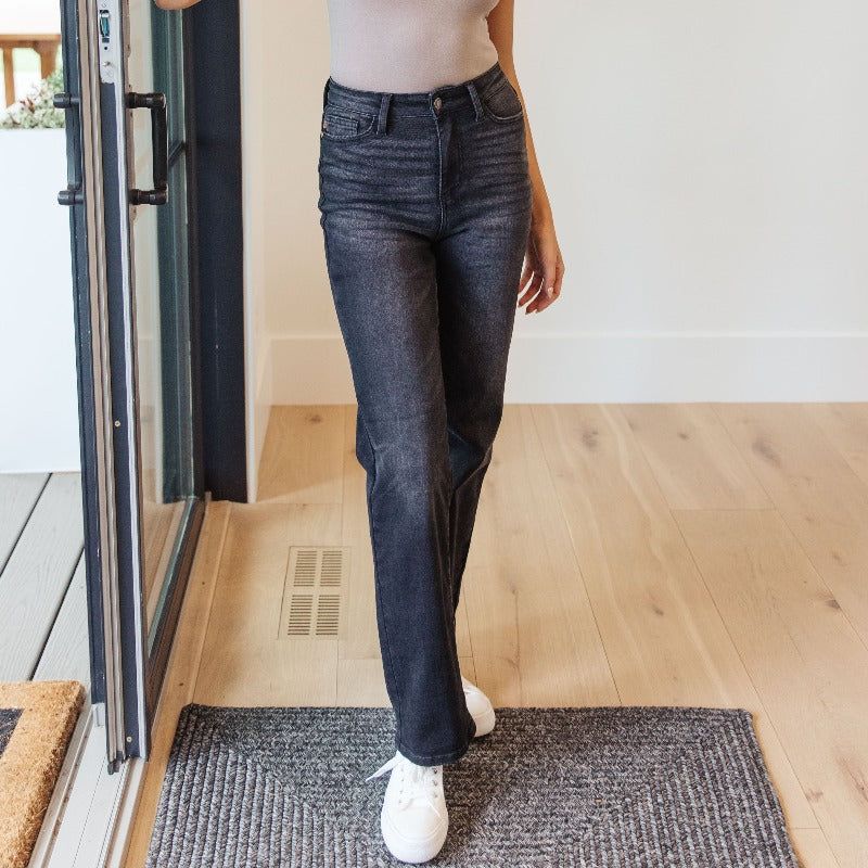Judy Blue High Waist Classic Straight Jeans in Washed Out Black sold by Boujee Boutique product image thumbnail 2