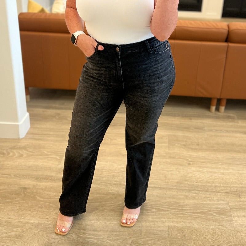 Judy Blue High Waist Classic Straight Jeans in Washed Out Black sold by Boujee Boutique product image thumbnail 5