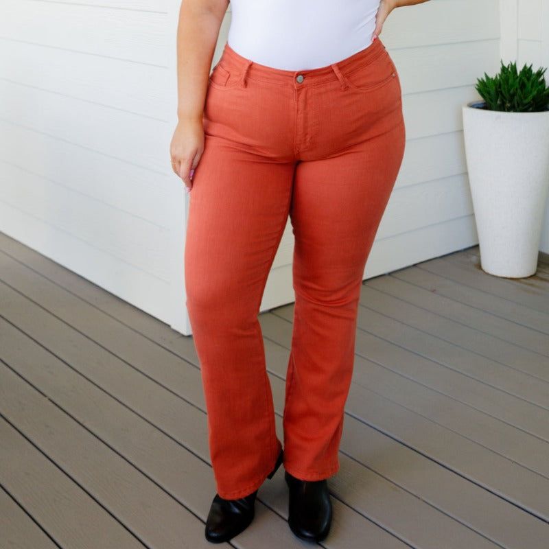 Judy Blue Autumn Mid Rise Slim Bootcut Jeans in Terracotta sold by Boujee Boutique product image thumbnail 2