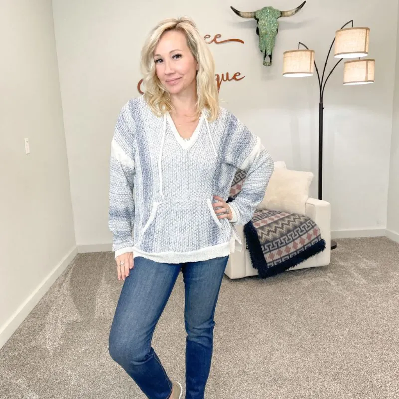 Blue and White Lightweight Knit Hoodie sold by Boujee Boutique