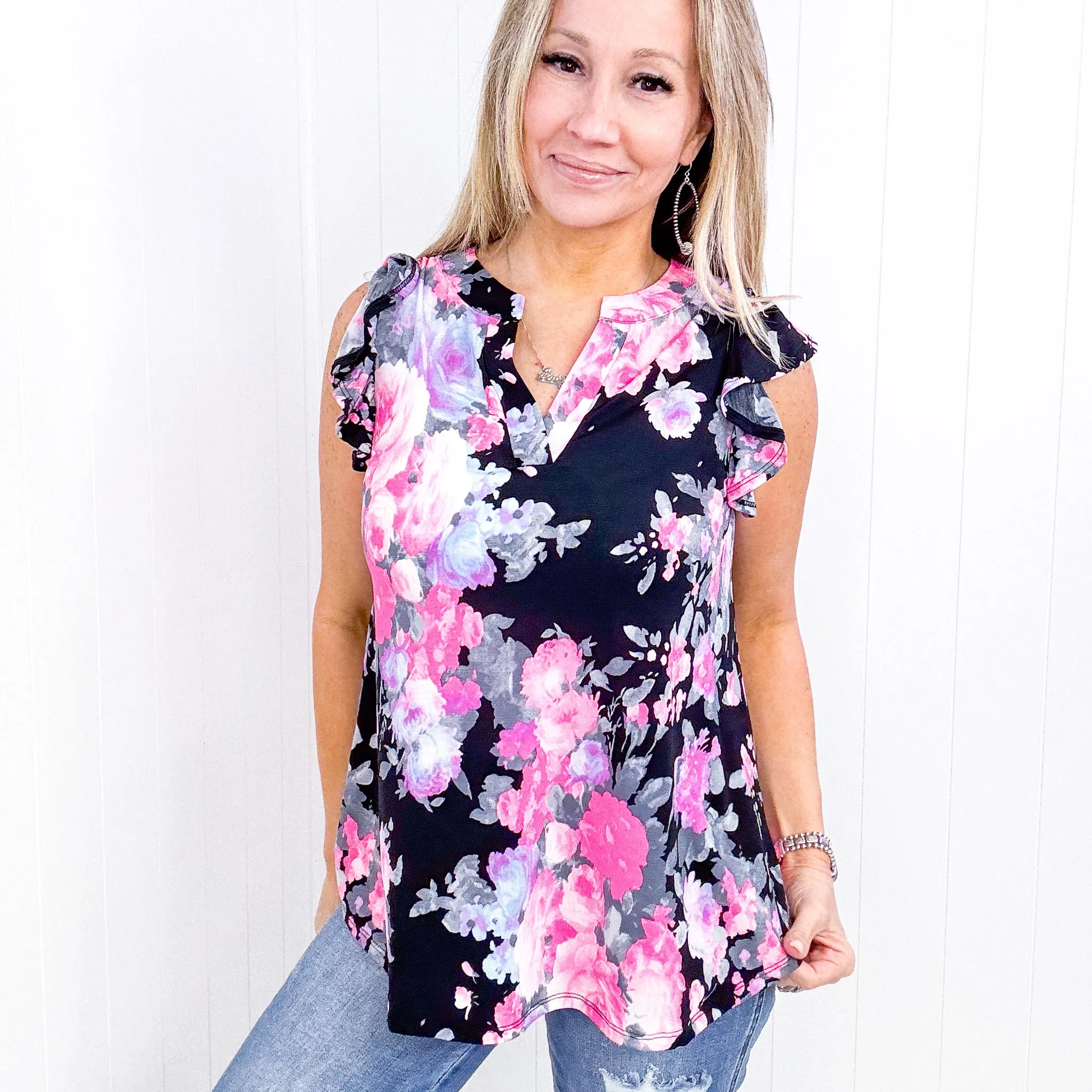 Dear Scarlett Lizzy Flutter Sleeve Top in Black and Dusty Pink Floral sold by Boujee Boutique product image thumbnail 4