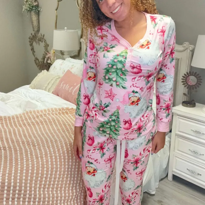 Christmas Pink Jolly Santa Long Sleeve Jogger Pajama Set sold by Boujee Boutique