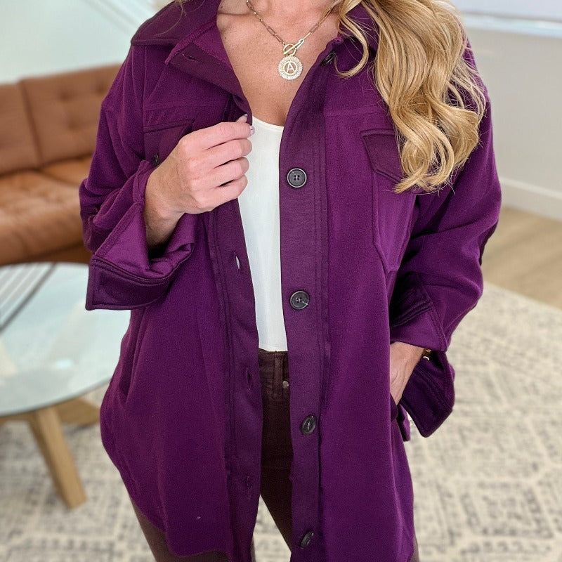 Oversized Basic Fleece Shacket in Plum sold by Boujee Boutique