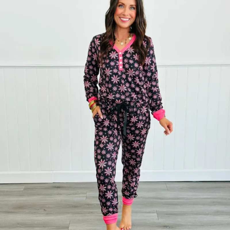 Christmas Pink Snowflake Long Sleeve Jogger Pajama Set sold by Boujee Boutique